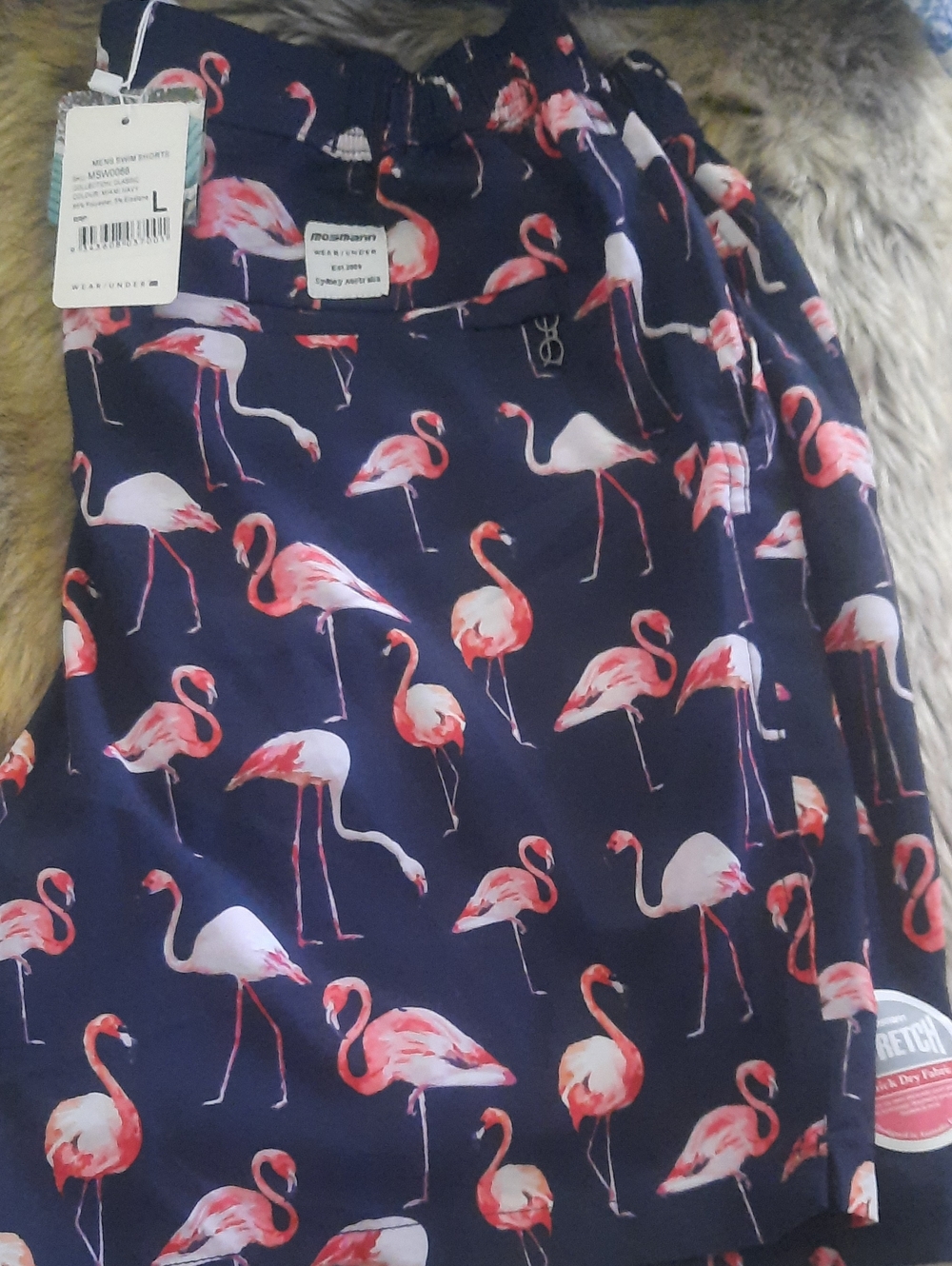 OSMAN Navy Swim Shorts with Pink Flamingo Print